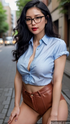 arafed woman in glasses and a blue shirt posing on a street