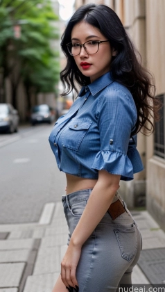 arafed woman in a denim shirt and jeans posing for a picture