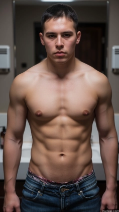 arafed man in a bathroom with no shirt on and no shirt on