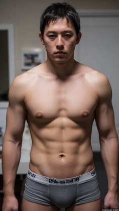 arafed man in underwear standing in a room with a mirror
