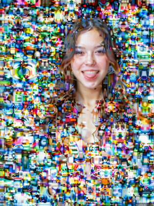 arafed image of a woman with a smile and a lot of different colored objects