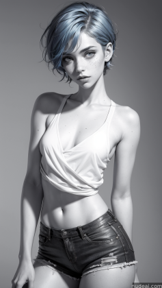 arafed woman with blue hair posing in black and white photo