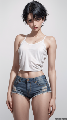 arafed woman in a white tank top and denim shorts