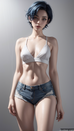 a close up of a woman in a white top and blue shorts