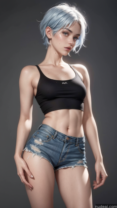 a close up of a woman with blue hair wearing a black top