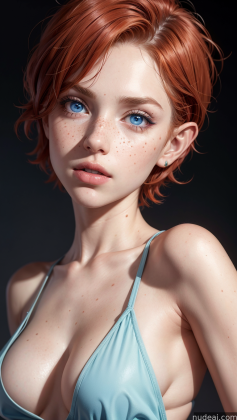 redhead haired woman with freckles and blue eyes posing for a picture