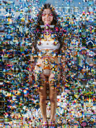 arafed image of a woman standing in front of a wall of many different objects