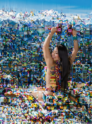 there is a woman sitting on a bed of legos in a room