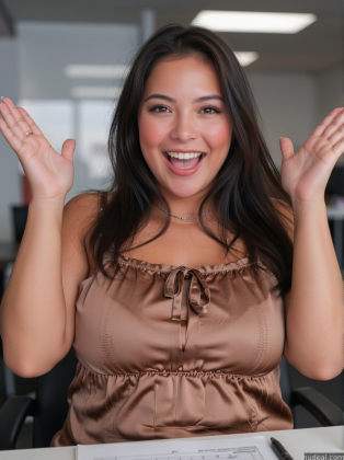 smiling woman sitting at a table with her hands up in the air