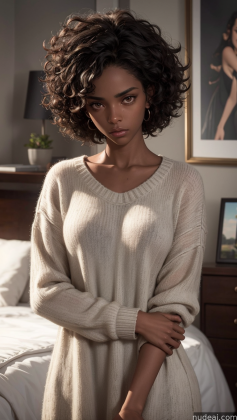 arafed woman in a sweater and skirt standing in a bedroom
