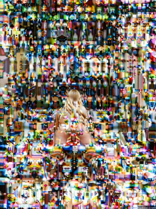 arafed image of a woman sitting on a couch in front of a wall of colorful objects