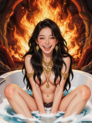 arafed woman sitting in a bathtub with a fire in the background