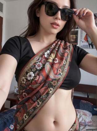 araffed woman wearing a scarf and sunglasses on a bed