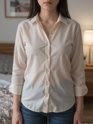 arafed woman in a white shirt and jeans standing in a bedroom