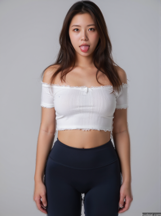 arafed woman in a white top and black pants posing for a picture