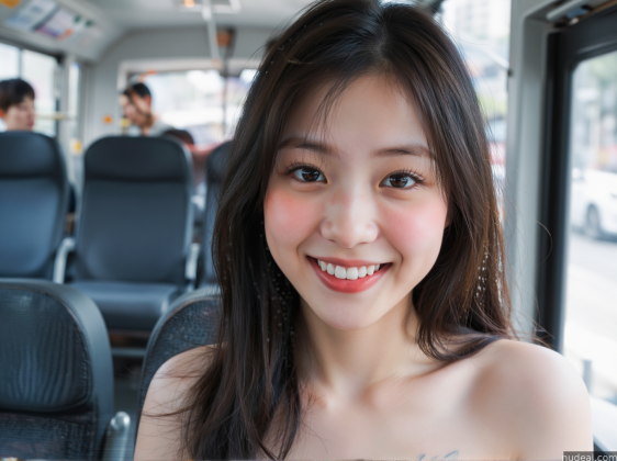 araffed asian woman smiling while riding a bus with other people