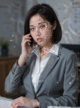 woman in business suit talking on cell phone with confetti falling from her face