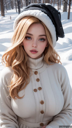 blonde woman with blue eyes and a white sweater and hat