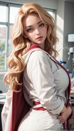 blonde woman with long hair in a white dress and red cape