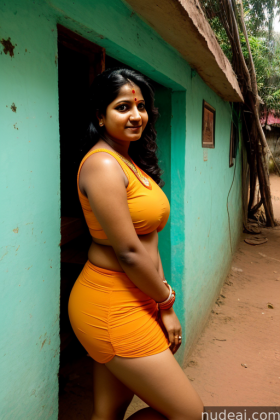 araffe woman in orange dress posing in front of a blue building
