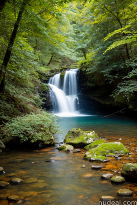 there is a waterfall in the middle of a forest with rocks