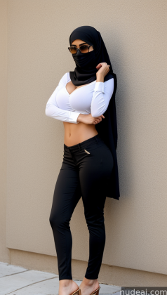 araffe wearing a black scarf and a white shirt and black pants