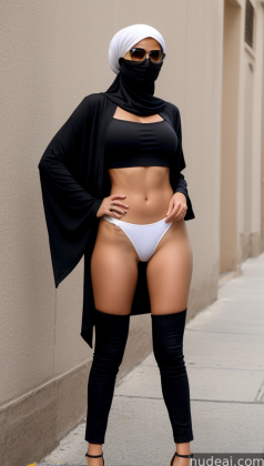 araffe wearing a black top and white pants and a black scarf