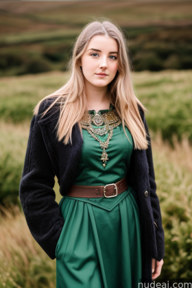 arafed woman in a green dress and a black jacket