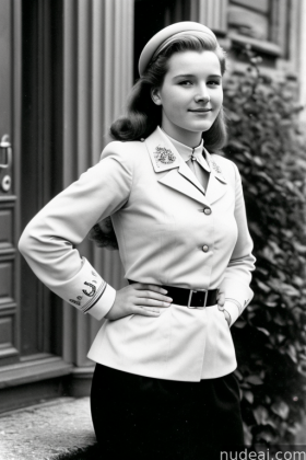 arafed woman in uniform standing in front of a building