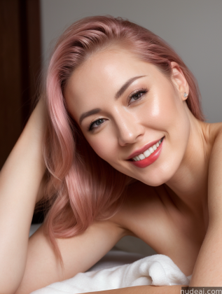 blond woman with pink hair laying on a bed smiling