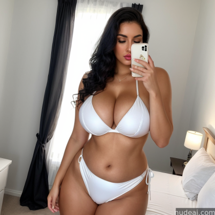 araffe woman in a white bikini taking a selfie in a bedroom