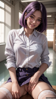 arafed asian woman with purple hair and glasses sitting on a table