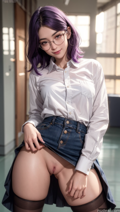 arafed woman with purple hair and glasses posing in a skirt