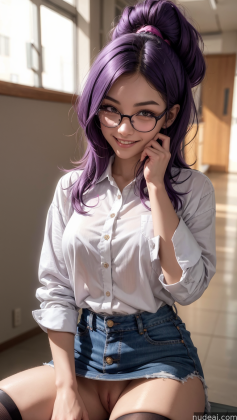 there is a woman with purple hair and glasses sitting on a bench