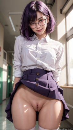 arafed asian girl in a skirt and glasses posing in a hallway