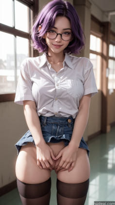 there is a woman with purple hair and glasses posing for a picture