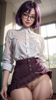 arafed asian woman with purple hair and glasses posing in a room