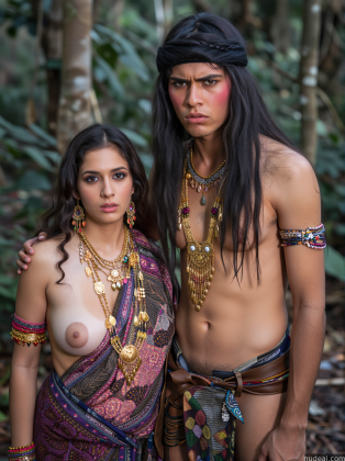 arafed woman with a man in a tribal costume posing for a picture