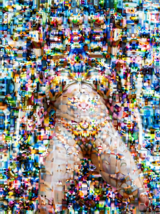 arafed image of a person laying on a bed covered in lots of different colored objects
