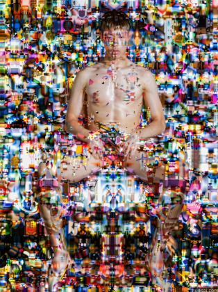 arafed image of a man sitting in a chair with a lot of colorful objects