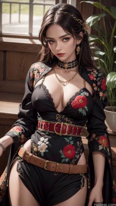 sexy woman in a black corset with a floral print top and belt