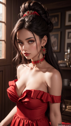 a close up of a woman in a red dress posing for a picture