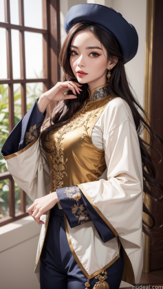 araffe woman in a blue hat and gold dress posing for a picture