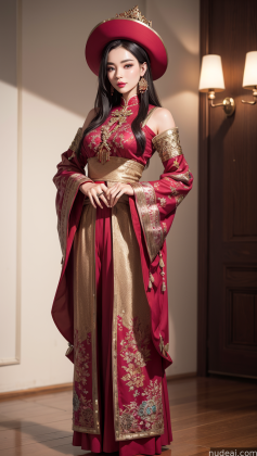 araffe woman in a red and gold dress and hat