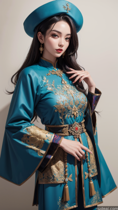 araffe woman in a blue dress and hat posing for a picture