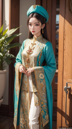 araffe woman in a blue and gold dress and hat posing for a picture