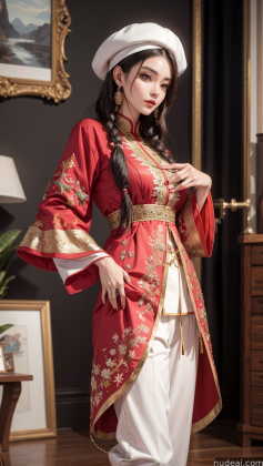 araffe woman in a red and gold dress and hat posing for a picture