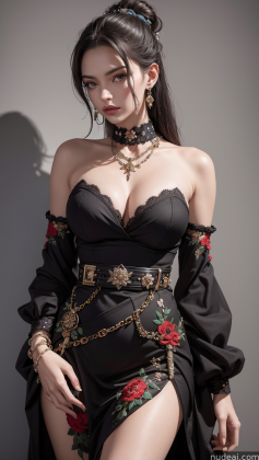 arafed woman in a black dress with a chain around her waist