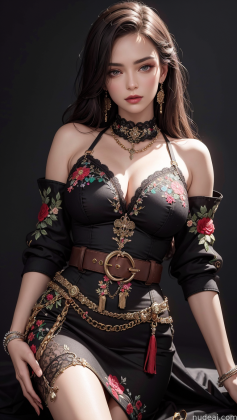 a close up of a woman in a black dress with a chain around her waist