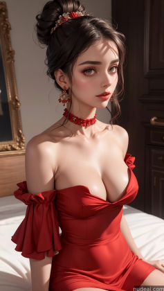 araffed asian woman in red dress sitting on a bed